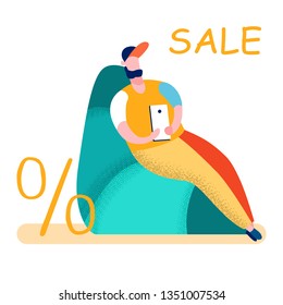 Man Searching for Lowest Price Vector Illustration. Guy Ordering Goods with Discounts. Products Special Offer on Shop Website. Male Cartoon Character Using App on Tablet. Teenager with Smartphone