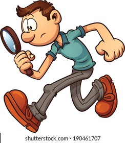 Man searching with a magnifying glass. Vector clip art illustration with simple gradients. All in a single layer.