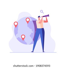 Man Searching And Marking A Place On The Map. Concept Of Geolocation, Gps Navigation, Online Map, Gps Pin, Correct Way. Vector Illustration In Flat Design For Mobile App, Ui, Web Banner