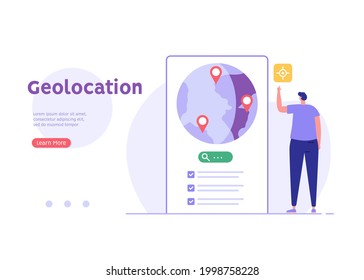 Mann, der einen Ort auf der Karte sucht und markiert. Konzept der Geolocation, GPS-Navigation, Online-Karte, GPS-Pin, korrekte Weise. Vektorgrafik in flachem Design für mobile App, i, Web-Banner