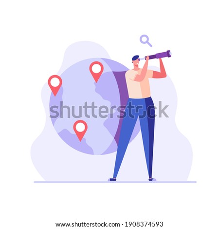 Man searching and marking a place on the map. Concept of geolocation, gps navigation, online map, gps pin, correct way. Vector illustration in flat design for mobile app, ui, web banner