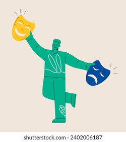 Man searching for positive emotion, comedy and tragedy with happy and sad emotion mask. Colorful vector illustration
