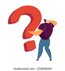 Un hombre buscando una solución en un gran interrogante, pidiendo ayuda. Ilustración de vectores para el servicio de asistencia al cliente, comunicación, concepto de resolución de problemas