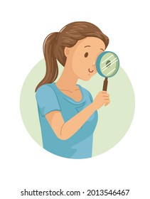 Man searching something. Young woman looking at something with magnifying glass.