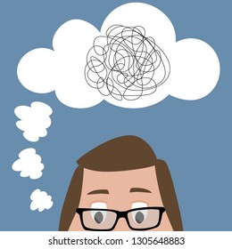 Man searching and thinking of idea through a complicated and chaotic way. Vector artwork depicts haywire, chaos, intellect, mind, and brainwork.