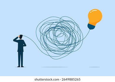 O homem procura e pensa na ideia de uma maneira complicada e caótica. Caos, intelecto, mente e trabalho cerebral.