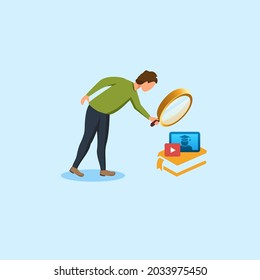 The man is searching university. Using online study