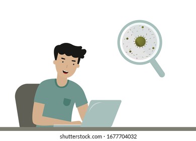 A man searching virus information in website with laptop computer, health care concept