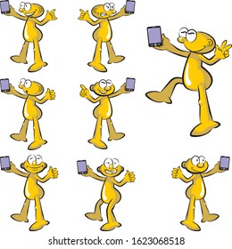 Man searching for wifi line on his smartphone. Set of eight illustrations of a man with a cell phone. Conceptual image about mobile communication. Vector in cartoon style. Available in EPS 10.
