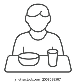 Man seat at table with food thin line icon, eat what you want concept. Vector graphics. Human, person food plate glass sign on white background, outline style icon for mobile or web design