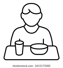 Man seat at table with food thin line icon, eat what you want concept. Vector graphics. Human, person food plate glass sign on white background, style mobile or design