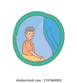 man seated in apartment window for quarantine free form style vector illustration design