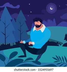 man seated in the field at night vector illustration design
