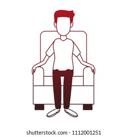 Man seated on armchair red lines