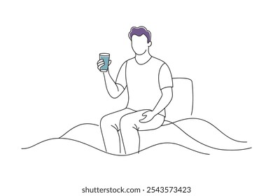 Man seated on a bed, gently holding a glass of water, conveying tranquility isolated continuous line art flat vector illustration on white background.