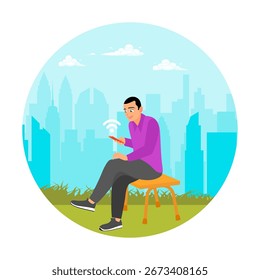 Um homem sentado em um banco, utilizando um smartphone com conectividade wireless em um parque urbano. As pessoas usam o conceito de telefone celular.