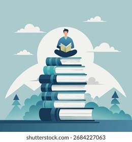 Der Mensch sitzt auf einem großen Stapel Bücher, liest friedlich, mit Wolken und Bäumen im Hintergrund, die das Streben nach Wissen und Fantasie repräsentieren