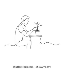 homem sentado em uma mesa, observando atentamente uma pequena planta ao lado dele arte de linha contínua ilustração vetor plana sobre fundo branco