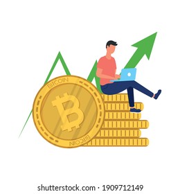 man seated using laptop in bitcoins crypto currency with arrow up vector illustration design