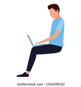 Man seated using laptop cartoon