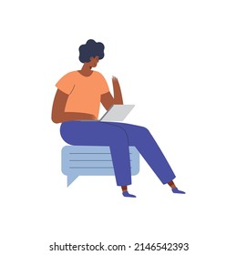 man seated using laptop character