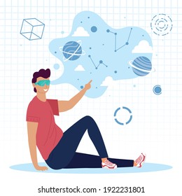 man seated using virtual reality mask and universe icons vector illustration design