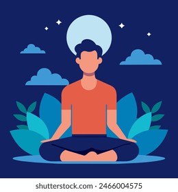 The man is seated in a yoga lotus pose with a circle above his head