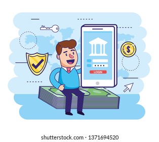 man seating in the bills and smartphone with digital bank