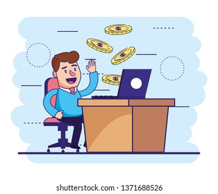 man seating with laptop in the desk and coins