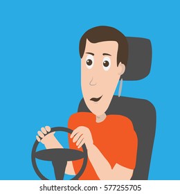 Man seating on stering wheel. Vector illustration.  Careful drive.