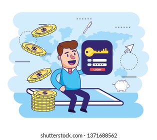 man seating in the smartphone with coins and password