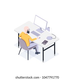 Man Seats at a Computer at His Workplace. Vector Illustration in Flat Isometric Style.