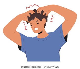 Man With Seborrheic Dermatitis Experiences Itchy, Flaky Scalp With Oily, Red Skin Patches. This Chronic Condition Often Causes Dandruff And Discomfort, Requiring Specialized Care. Vector Illustration