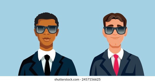 
Hombre del Servicio Secreto usando gafas de sol Vector ilustración de dibujos animados. Agentes encubiertos juntos en una misión especial de inteligencia 
