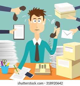 Man secretary hard working. Busy businessman. Businessman in office, worker vector illustration