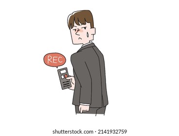 A man secretly recording with a voice recorder, a comical handwritten person vector, color on a line drawing