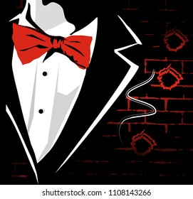 A man in a secular suit: in a coat with a red butterfly on the background of a wall of bricks with several bullet holes. Vector illustration.