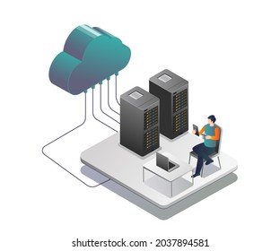 Man securing cloud server while drinking coffee