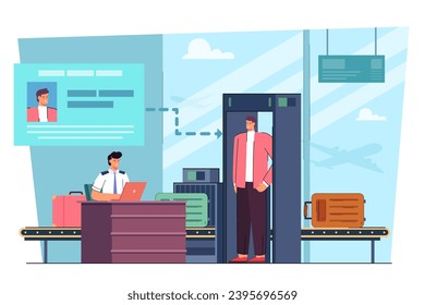 Man at security checkpoint in airport vector illustration. Man using modern technology for scanning passengers faces. Security, control, face recognition concept