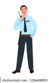 Man security guard holding a portable radio transmitter. Vector illustration of people in the profession