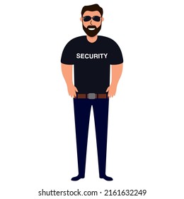 Man Security Guard Of Nightclub.Face Control.Bouncer In Sunglasses.Character Cartoon Vector Illustration.Security Guy Suit For A Shirt And Trousers.Isolated On White Background.