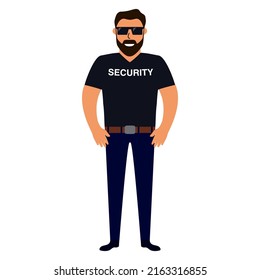 Man Security Guard Of Nightclub.Face Control.Bouncer In Sunglasses.Character Cartoon Vector Illustration.Security Guy Suit For A Shirt And Trousers.Isolated On White Background.