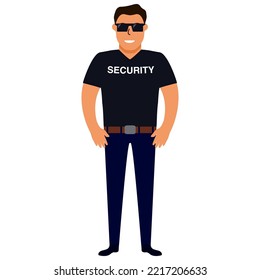 Man Security Guard Of Nightclub.Face Control.Bouncer In Sunglasses.Character Cartoon Vector Illustration.Security Guy Suit For A Shirt And Trousers.Isolated On White Background.