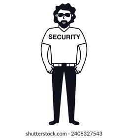 Man security guard of nightclub.Face control.Bouncer in sunglasses.Character cartoon vector illustration.Security guy suit for a shirt and trousers.Isolated on white background.