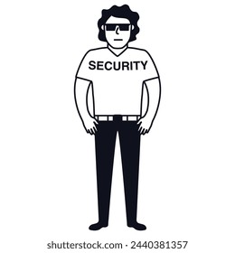 Man security guard of nightclub.Face control.Bouncer in sunglasses.Character cartoon vector illustration.Security guy suit for a shirt and trousers.Isolated on white background.