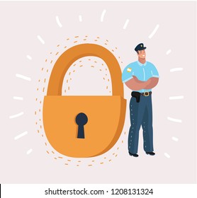Man in security guard suit is standing near a giant padlock. Concept: business, security, personal data, GDPR, RGPD, general data protection, antivirus .Vector cartoon illustration in modern concept