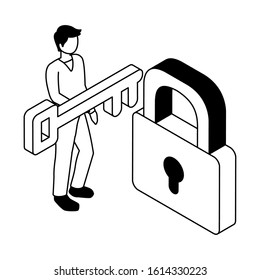 man with security padlock and key on white background vector illustration design