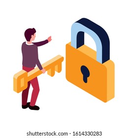 man with security padlock and key on white background vector illustration design