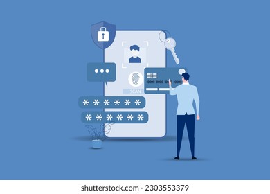 Man security system in smartphone. Mobile phone with passcode screen and face recognition app icon.Vector Illustrations.