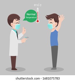 el hombre ve al doctor para chequear ella misma, la temperatura para el escaneo de los virus de la corona, No es infectado, los resultados es temperatura normal, Llevan mascarilla quirúrgica protección Máscara médica para prevenir el virus.